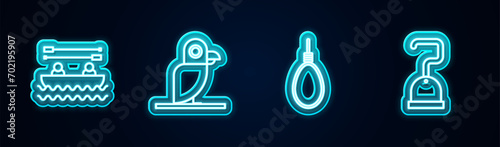 Set line Boat with oars, Pirate parrot, Gallows rope loop hanging and hook. Glowing neon icon. Vector