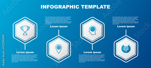 Set line Award cup, Location with basketball ball, Thoughts and . Business infographic template. Vector