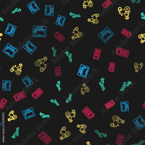 Set line Incubator for eggs, Router and wi-fi signal, Wireless tractor on smart farm and Remote control on seamless pattern. Vector