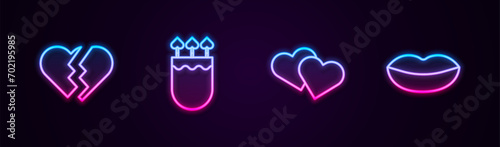 Set line Broken heart, Quiver and arrows with, Heart and Smiling lips. Glowing neon icon. Vector