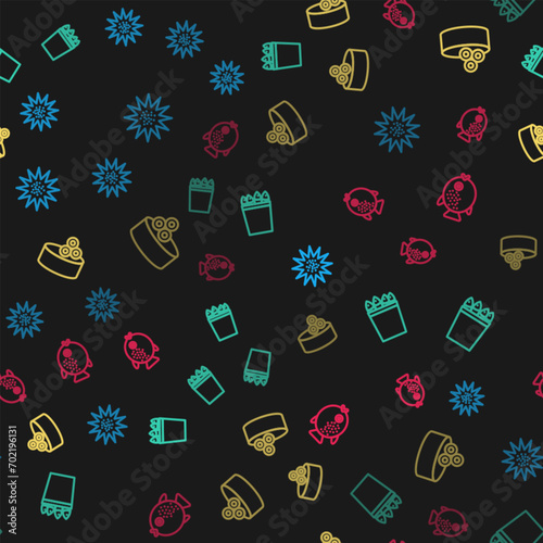 Set line Sea urchin, Fishing bucket with fishes, Tin can caviar and Puffer on seamless pattern. Vector