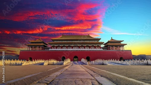 Ancient royal palace of the Forbidden City in Beijing, China. Historic ancient buildings at sunset. 4k time lapse video. photo