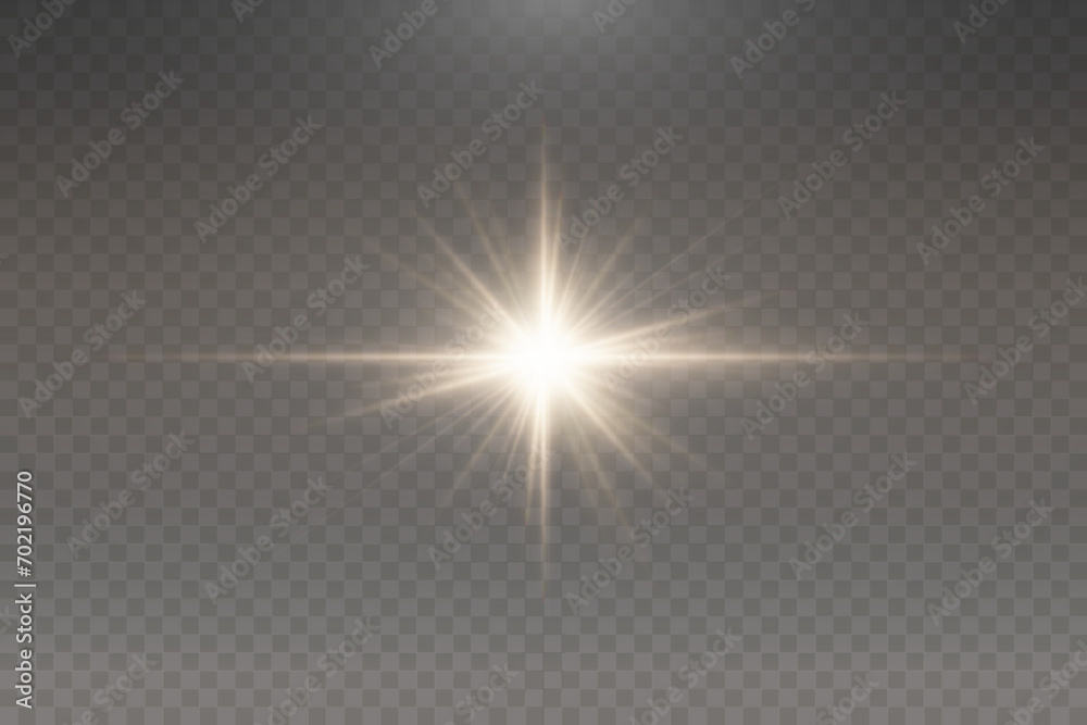 Set of realistic vector gold stars png. Set of vector suns png. Golden flares with highlights.