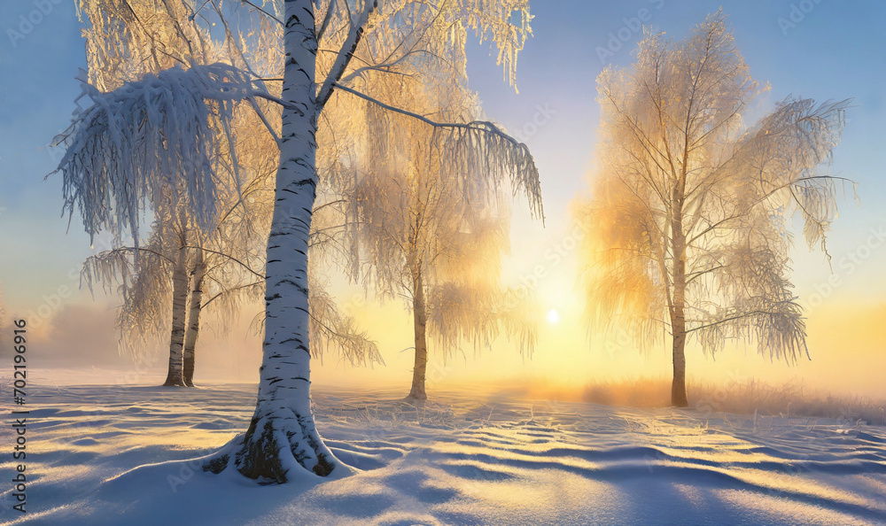 Zimowy krajobraz, aleja drzew. Generative AI - obrazy, fototapety, plakaty 