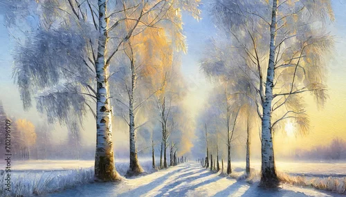 Obraz Zimowe drzewa, aleja drzew. Generative AI