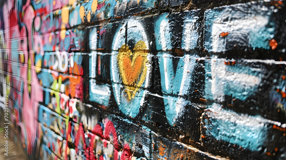 LOVE graffiti art on a urban street wall texture with blurred bokeh ...
