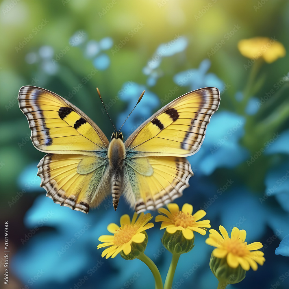 Obraz premium Small yellow bright summer flowers and butterfly on a background of blue and green foliage in a fairy garden. Macro artistic image.