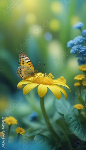 Small yellow bright summer flowers and butterfly on a background of blue and green foliage in a fairy garden. Macro artistic image.