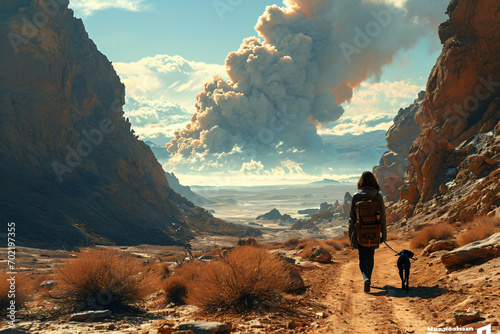 woman walking into desert with dog with nukes mushroom clouds going off in background photo