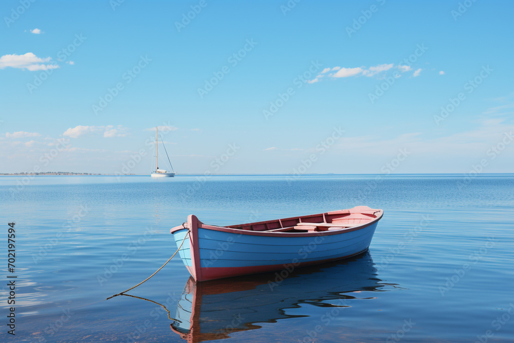 Stylized, simplistic depiction of a boat on a calm sea.