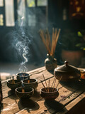  Incense sticks burning in a pottery holder with a serene and calm atmosphere.