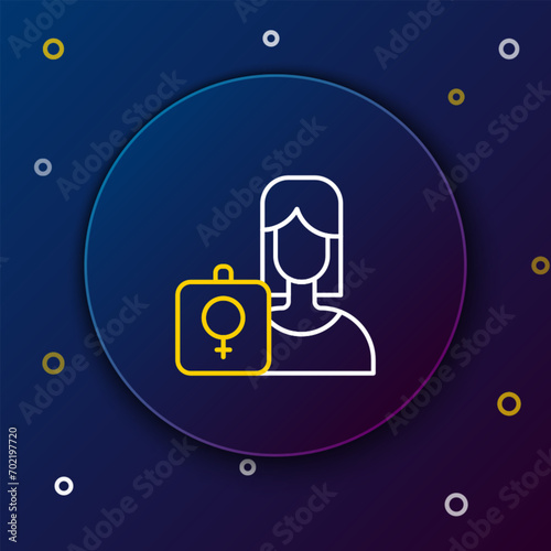 Line Female movement, feminist activist with banner and placards icon isolated on blue background. Feminist rights movement, feminism sisterhood. Colorful outline concept. Vector