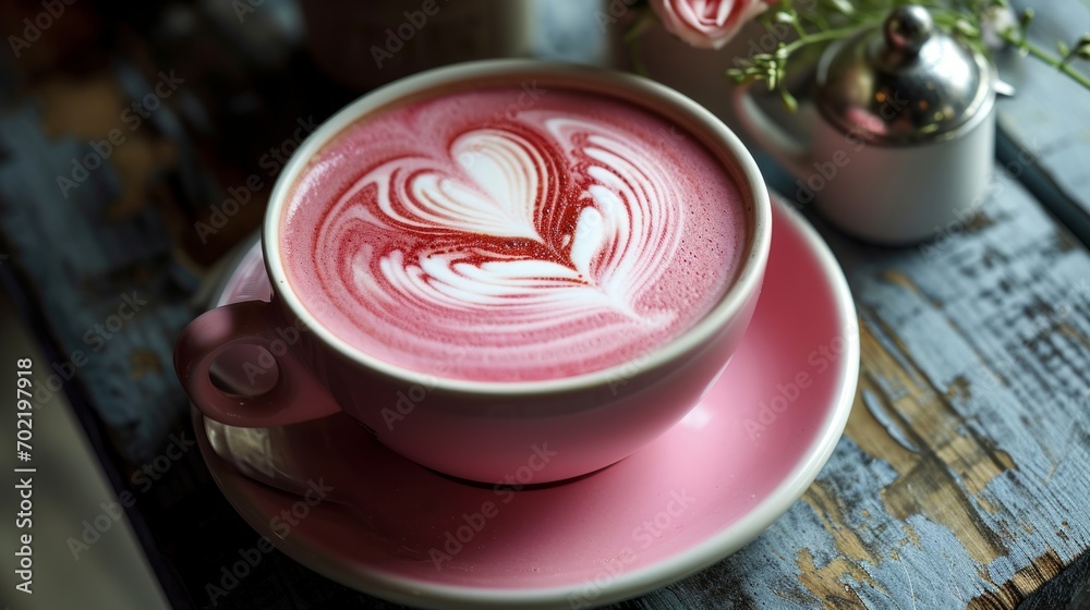 A cup of coffee decorated with a pink heart-shaped pattern on a plate A cup of coffee decorated with a pink heart-shaped pattern on a plate