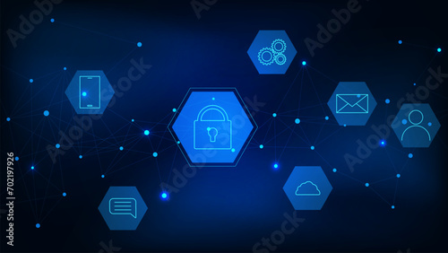 Protection network security concept with polygonal shapes and connecting dots lines. Secure service, antivirus solution and internet safety.