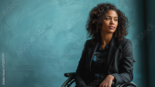 Disabled corporate black African American businesswoman in wheelchair, blue background