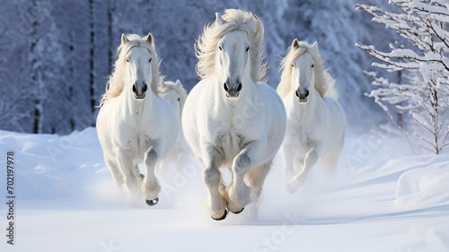 herd of horses is rapidly running in winter in active poses on fluffy snow  motion in nature