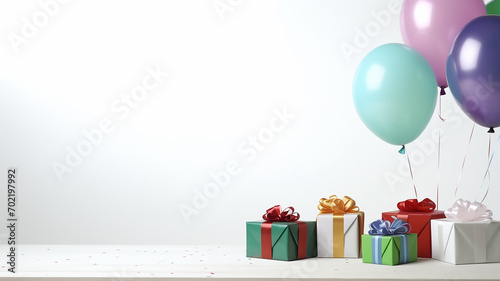 gift boxes and balloons decoration, on a light background of an office desk, corporate gifts for a holiday photo