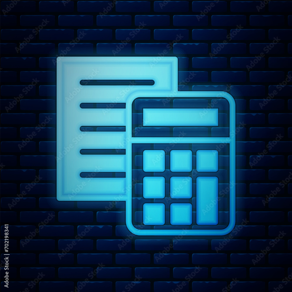 Glowing neon Calculator icon isolated on brick wall background. Accounting symbol. Business calculations mathematics education and finance. Vector Glowing neon Calculator icon isolated on brick wall background. Accounting symbol. Business calculations mathematics education and finance. Vector