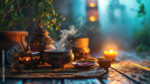Softly lit candles and incense create a peaceful, meditative atmosphere at dusk.