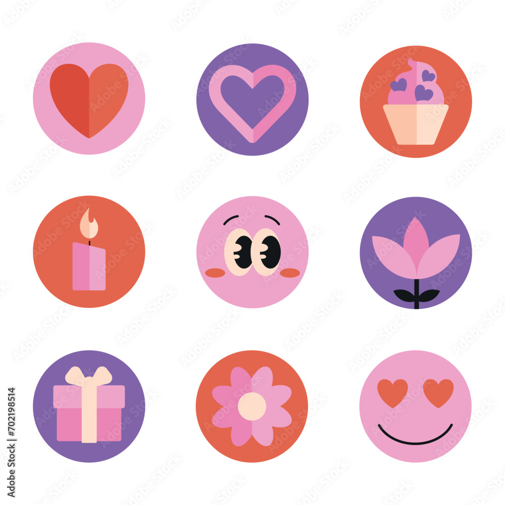 Set of Valentine Day icons, round flat stickers with romantic symbols, flower and characters. Vector illustration. Set of Valentine Day icons, round flat stickers with romantic symbols, flower and characters. Vector illustration.