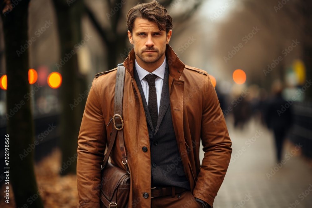 Man wearing a classic trench coat and carrying a leather messenger bag, Generative AI Man wearing a classic trench coat and carrying a leather messenger bag, Generative AI