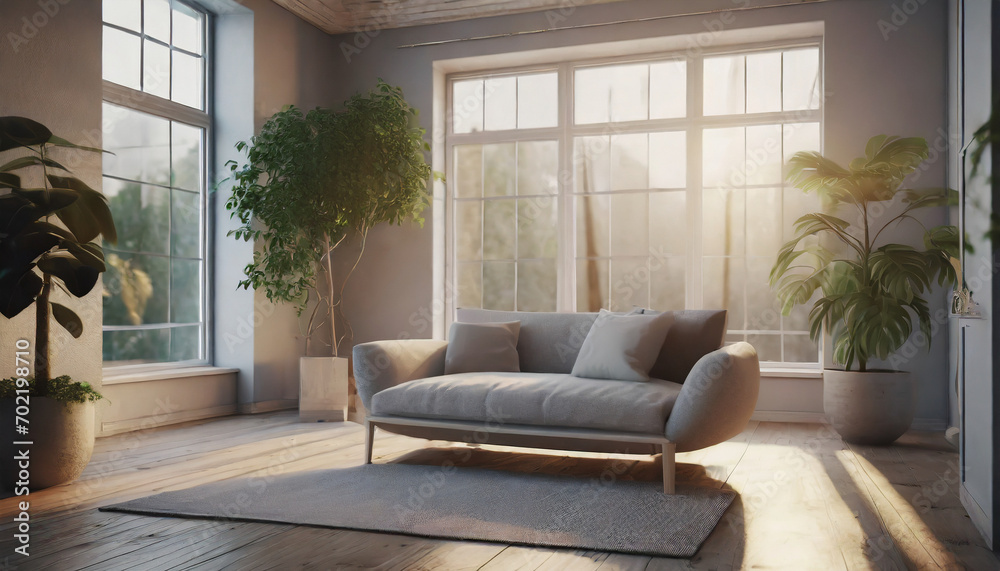 Scandinavian interior of empty room with houseplant, windows in Scandinavian interior of empty room with houseplant, windows in