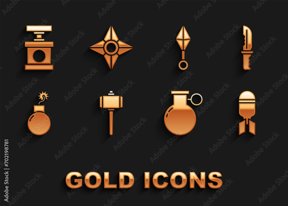 Set Battle hammer, Military knife, Aviation bomb, Hand grenade, Bomb ready to explode, Japanese ninja shuriken, Handle detonator for dynamite and icon. Vector Set Battle hammer, Military knife, Aviation bomb, Hand grenade, Bomb ready to explode, Japanese ninja shuriken, Handle detonator for dynamite and icon. Vector