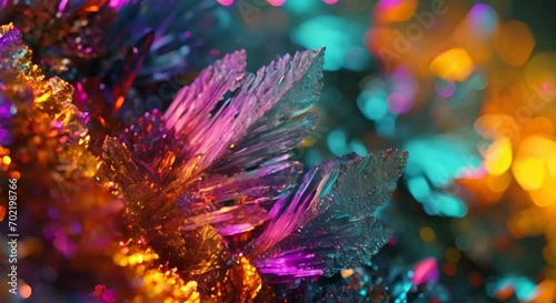 Crystalline formations of various colors with shiny facets. The concept of mineralogy and geology. photo