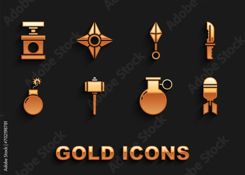 Set Battle hammer, Military knife, Aviation bomb, Hand grenade, Bomb ready to explode, Japanese ninja shuriken, Handle detonator for dynamite and  icon. Vector