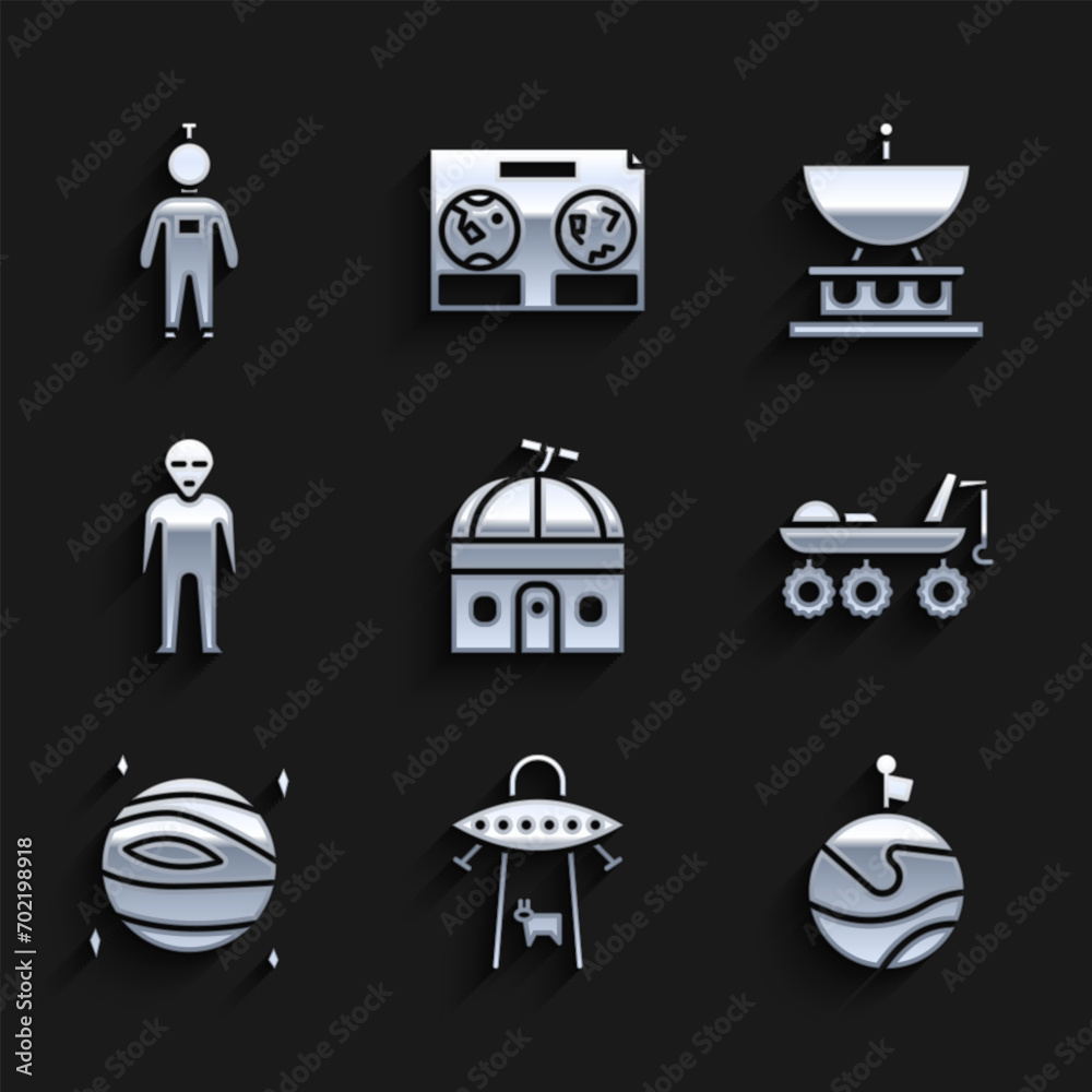 Set Astronomical observatory, UFO abducts cow, Moon with flag, Mars rover, Planet Venus, Alien, Satellite dish and Astronaut icon. Vector Set Astronomical observatory, UFO abducts cow, Moon with flag, Mars rover, Planet Venus, Alien, Satellite dish and Astronaut icon. Vector