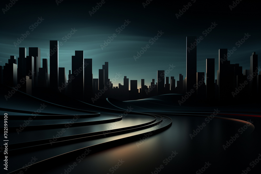 Abstract, minimalist shapes representing a city at night.