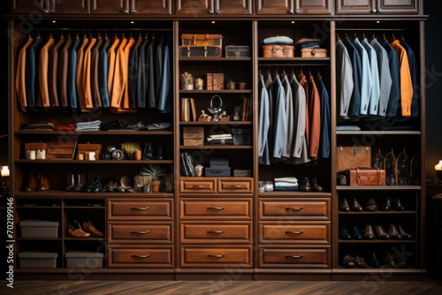 Professional man's wardrobe filled with neatly organized suits and dress shoes, Generative AI