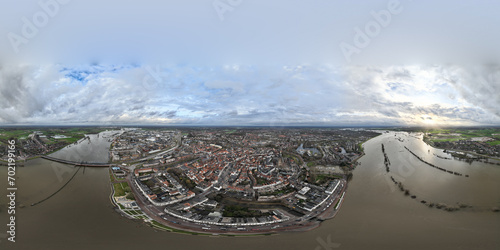 360 degrees, panorama sphere fully immersive Aerial drone view on urban landscape of Zutphen, The Netherlands. City center, downtown Zutphen. photo