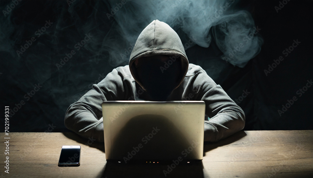 The dark web in a foreground hooded hacker with laptop at dark room.copy space. concept of business security and internet network data security.