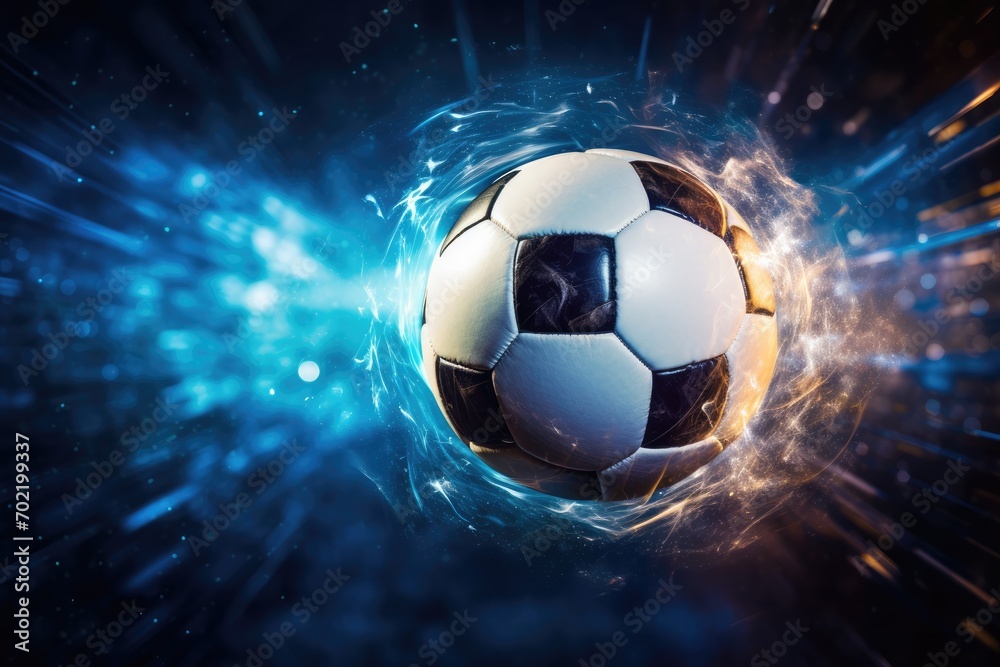 Naklejka premium Football sport ball in action during match at the stadium, colorful. Generative Ai.