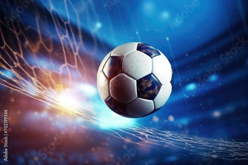 Football sport ball in action during match at the stadium, colorful. Generative Ai. © annamaria