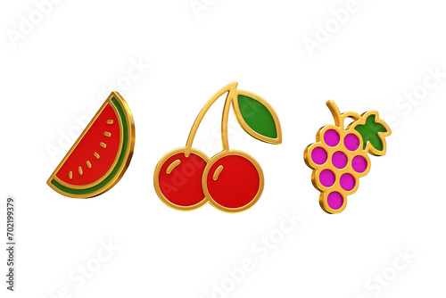 casino gold hands slot machine fruit watermelon cherry grapes banner 3d render 3d rendering illustration PNG