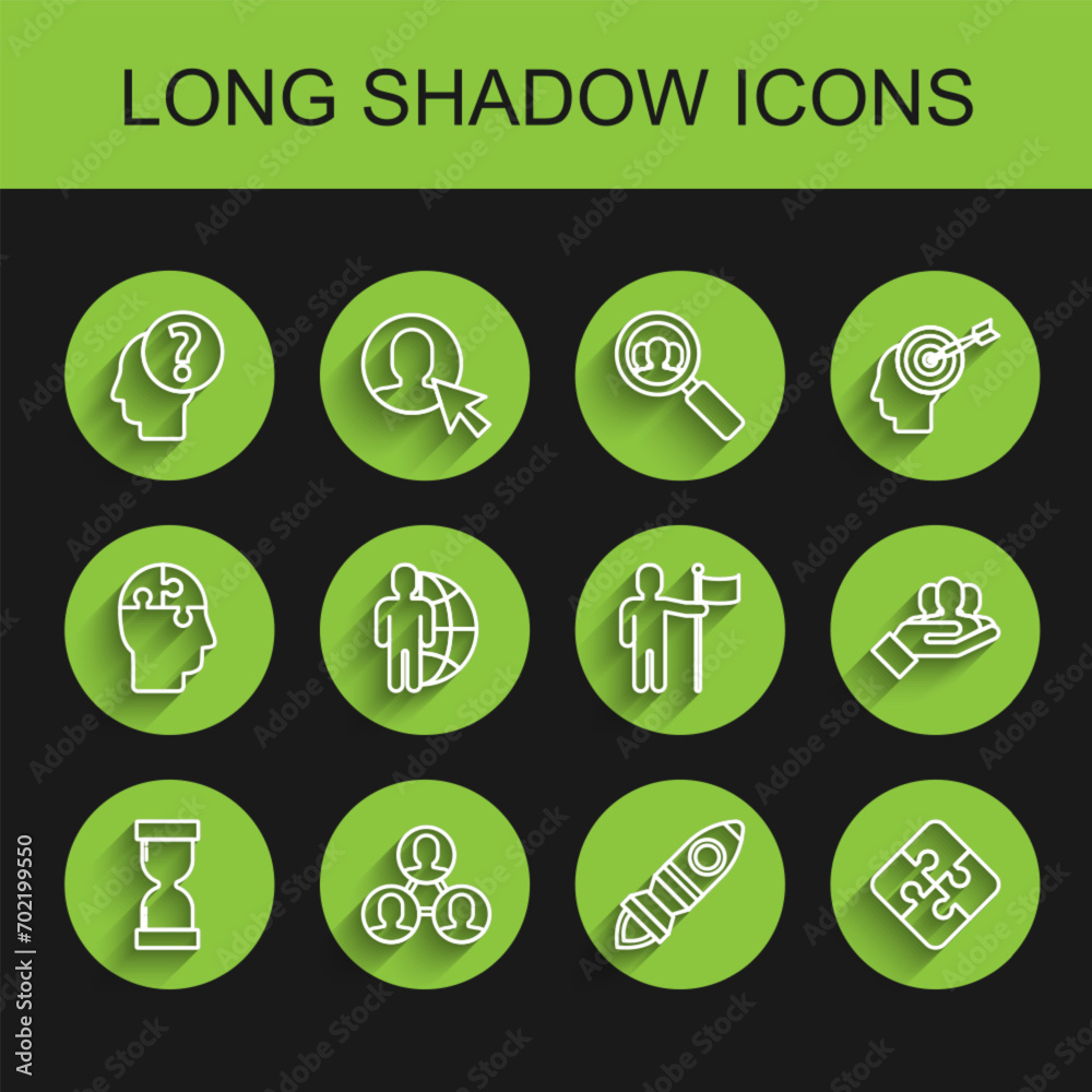 Set line Old hourglass with flowing sand, Project team base, Human head question mark, Rocket ship fire, Piece of puzzle, Globe people, and Man holding flag icon. Vector Set line Old hourglass with flowing sand, Project team base, Human head question mark, Rocket ship fire, Piece of puzzle, Globe people, and Man holding flag icon. Vector