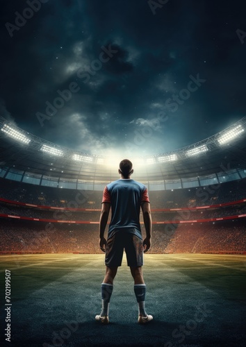 Male football player stands on modern football pitch stadium with strong lights, sport. Generative ai.