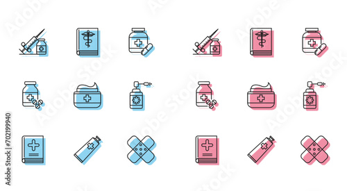 Set line Medical book, Ointment cream tube medicine, syringe with needle and vial or ampoule, Crossed bandage plaster, bottle nozzle spray, Medicine pills and  icon. Vector