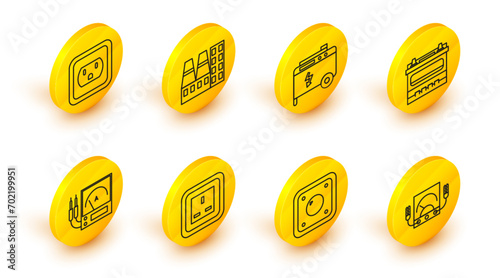 Set line Ampere meter, multimeter, voltmeter, Electric light switch, Electrical outlet, Car battery, Portable power electric generator, Power station plant and factory and in the USA icon. Vector