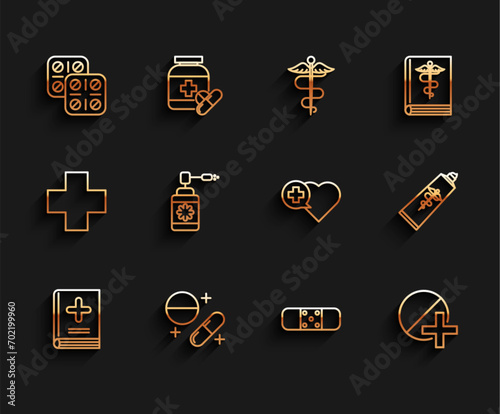 Set line Medical book, Medicine pill or tablet, Pills blister pack, Bandage plaster, bottle with nozzle spray, Ointment cream tube medicine and Heart cross icon. Vector