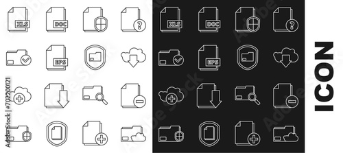 Set line Cloud storage text document folder, Document with minus, download, protection concept, EPS file, and check mark, XLS and icon. Vector