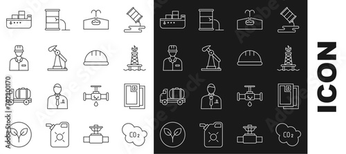 Set line CO2 emissions in cloud, Barrel oil, Oil rig with fire, Oilfield, pump or pump jack, Oilman, tanker ship and Worker safety helmet icon. Vector