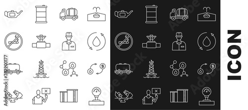 Set line Gauge scale, Oil exchange, drop, Tanker truck, Industry pipe and valve, No Smoking, Canister for motor oil and Oilman icon. Vector