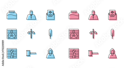 Set line Suspect criminal, Judge gavel, Inkwell, Scales of justice, Feather pen,  and Lawyer, attorney, jurist icon. Vector