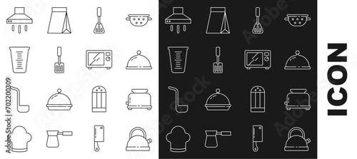 Set line Kettle with handle, Toaster, Covered tray of food, Spatula, Measuring cup, Kitchen extractor fan and Microwave oven icon. Vector