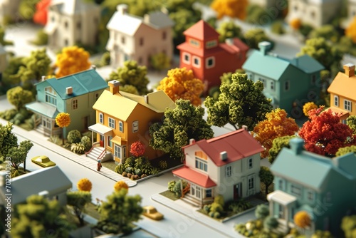 Happy Isometric Town with Cartoon Trees and Vibrant Buildings, Creating a Cheerful Atmosphere, on a White Surface, Generative AI