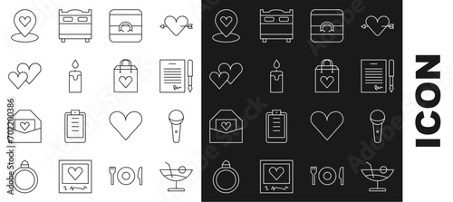 Set line Cocktail, Microphone, Marriage contract, Wedding rings, Burning candle, Heart, Location with heart and Shopping bag icon. Vector