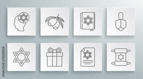 Set line Star of David, Olives branch, Gift box, Torah scroll, Jewish torah book, Hanukkah dreidel and Orthodox jewish hat icon. Vector